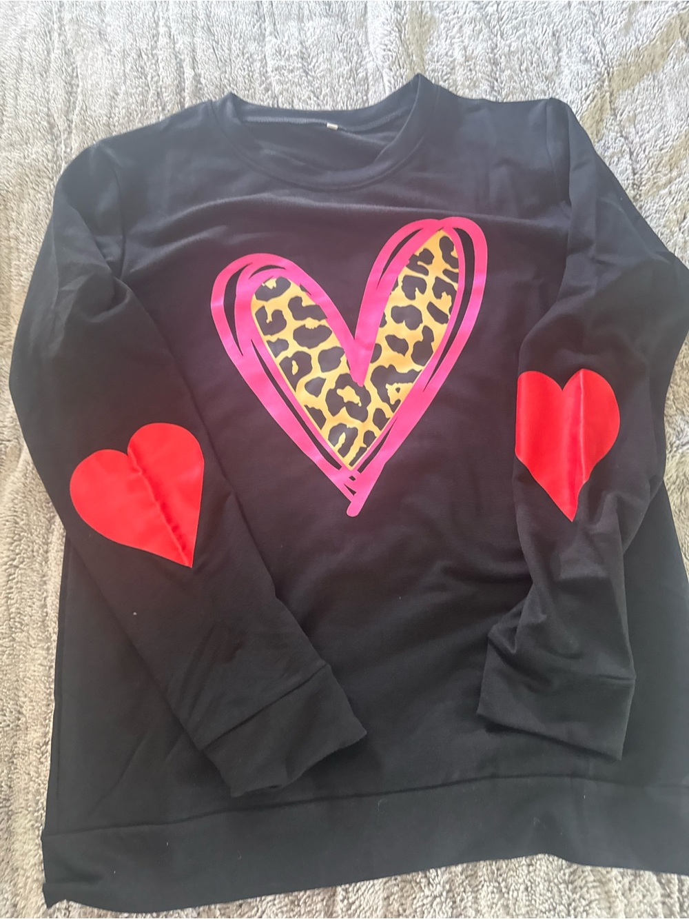 Black Heart Graphic Long-Sleeve Top with Leopard Accent